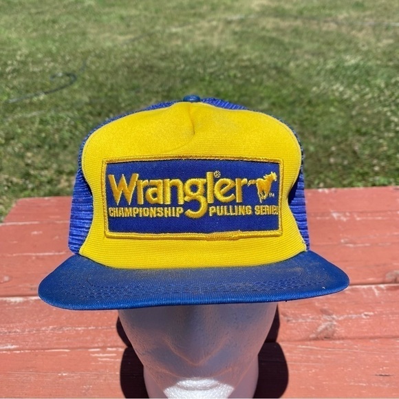 Vintage Wrangler Championship Pulling Patch Trucker Hat Snap Back Mesh Blue - Picture 3 of 13